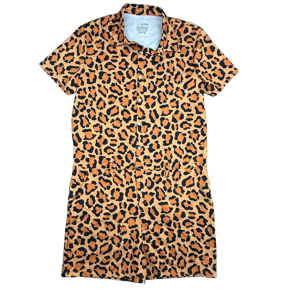 J.J. Malibu Romper Mens Extra Large Orange Leopard Animal Print Short Sleeve